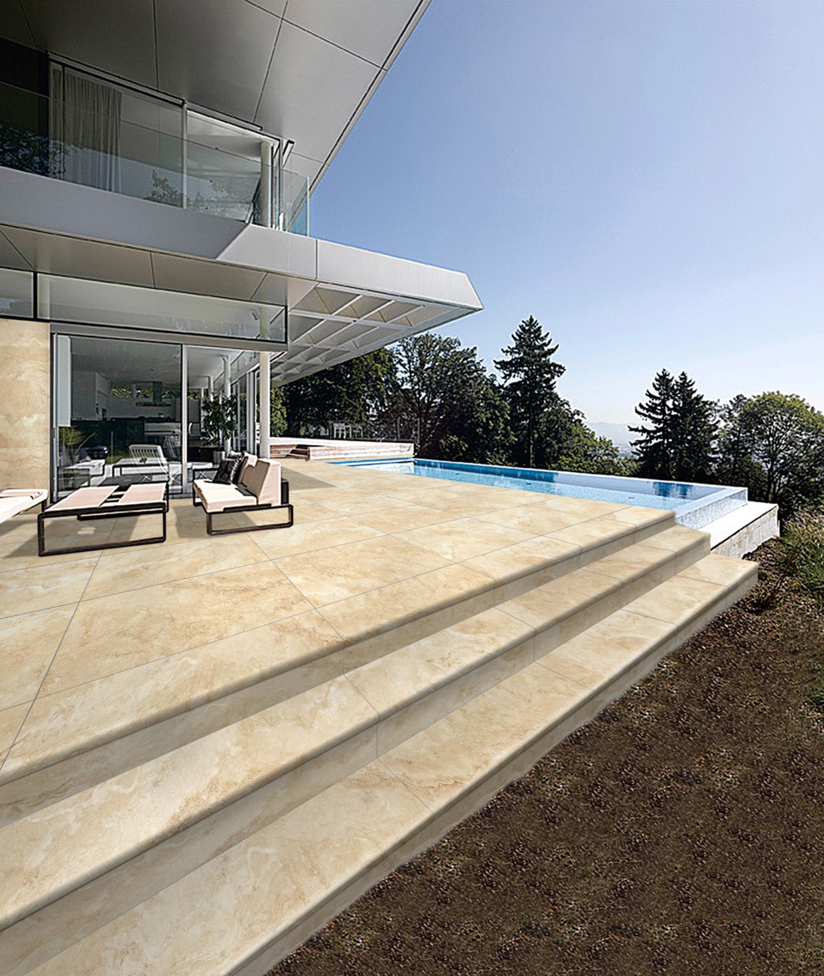TRAVERTINE GREY EXTERNAL BULLNOSE COPING 300X1200X20mm