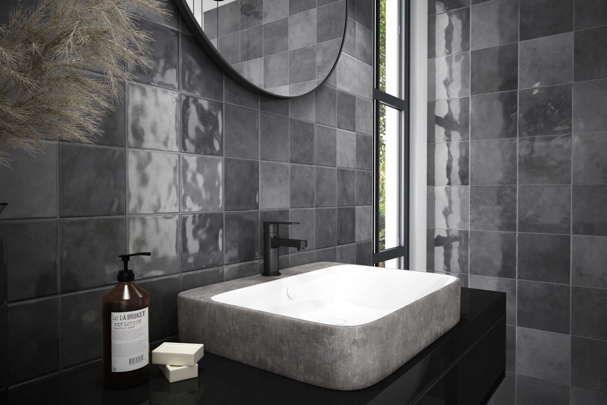 OMEGA12 SCORED GRAFITO CHARCOAL GLOSS TILE 243X243mm