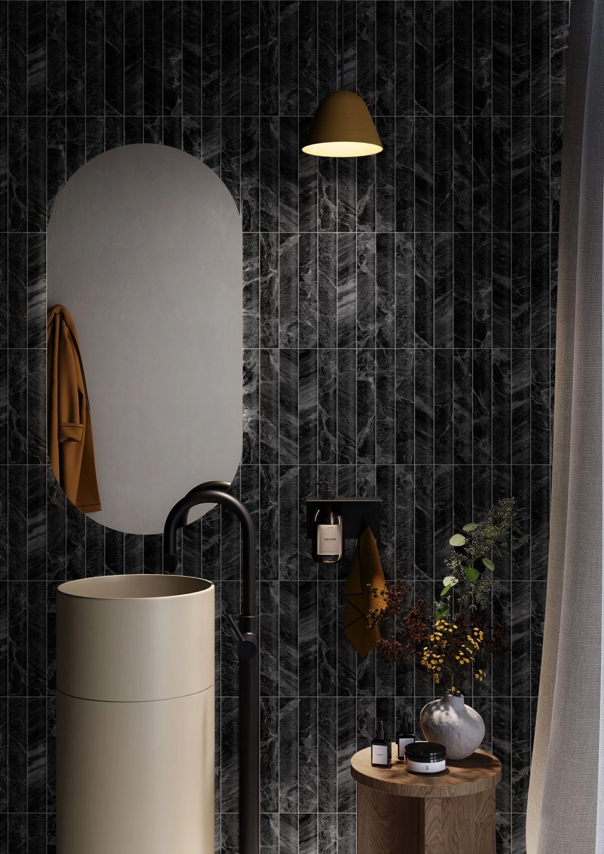 AMICI BLACK CONCAVE SUBWAY SATIN TILE 50X300mm